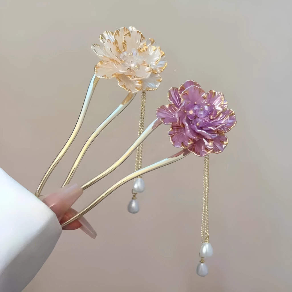 Purple and white retro peony flower with tassel detail on a U-shaped alloy hairpin barrette