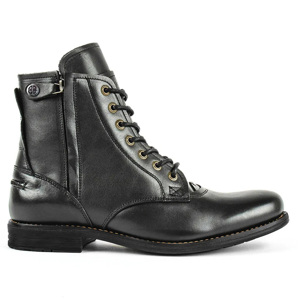 Knight Series men's black and brown two-tone leather ankle boots with side zipper.