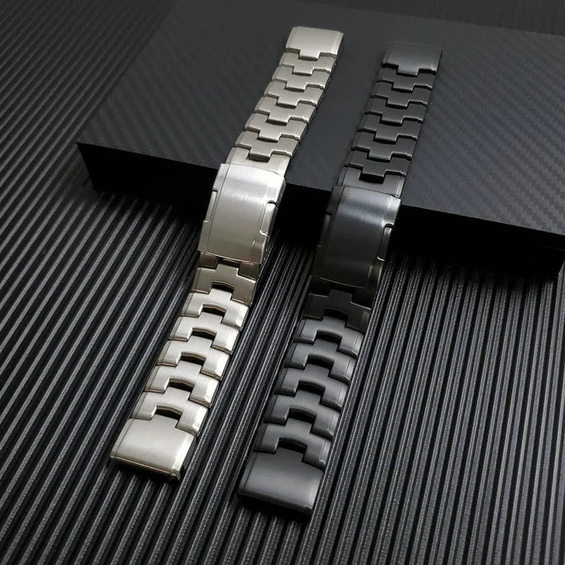 Metal watch strap for Garmin Fenix smartwatch in silver, black, or titanium with 22mm or 26mm width