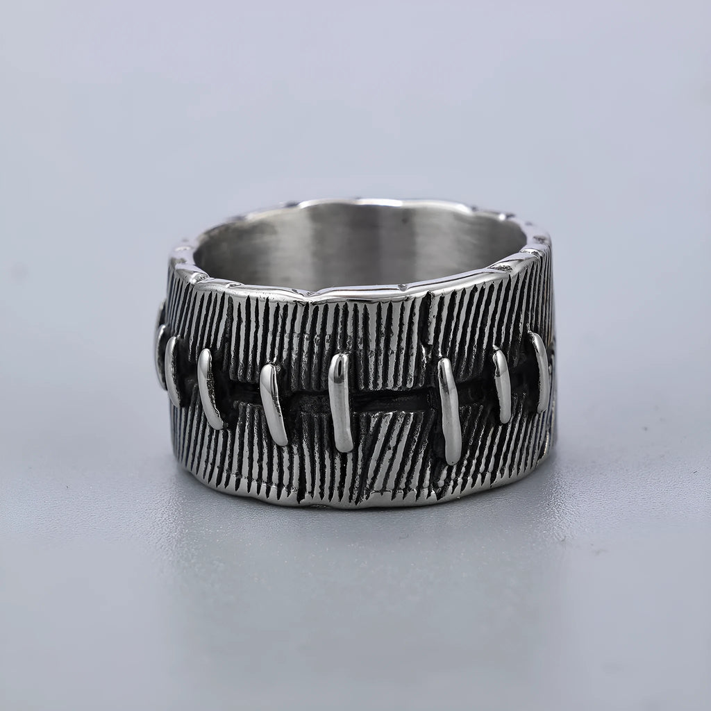 Dark punk titanium steel ring with geometric U-shape and stitched double ring design