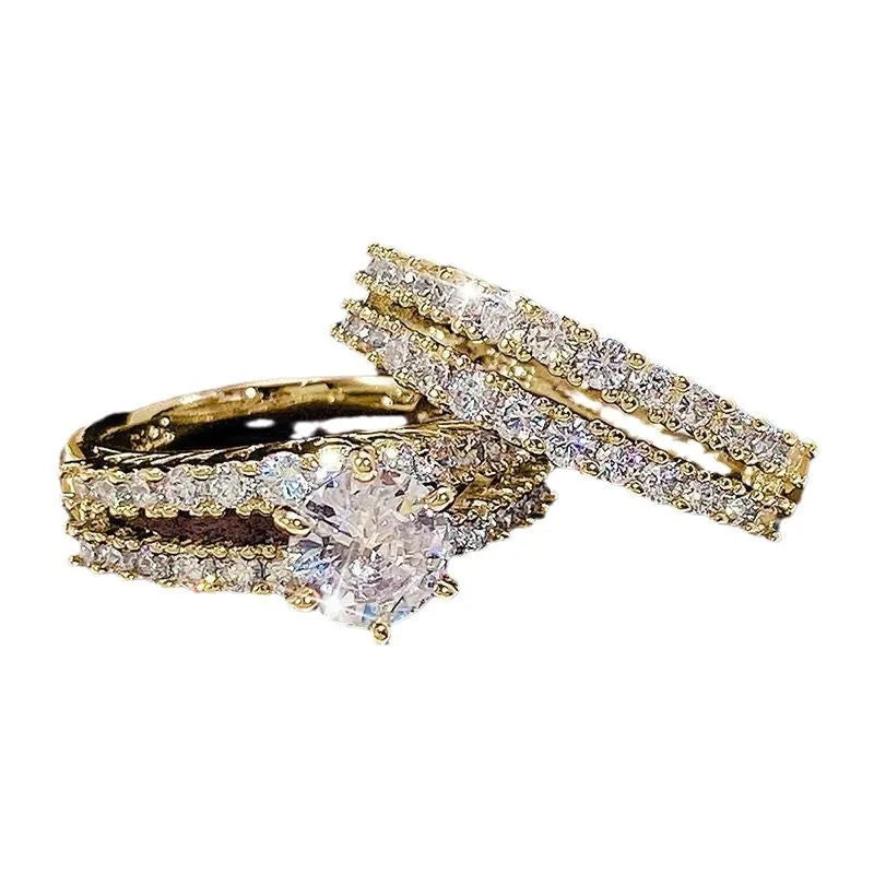 2 in 1 female fashion ring set with diamond treatment in silver, gold, and rose gold finishes