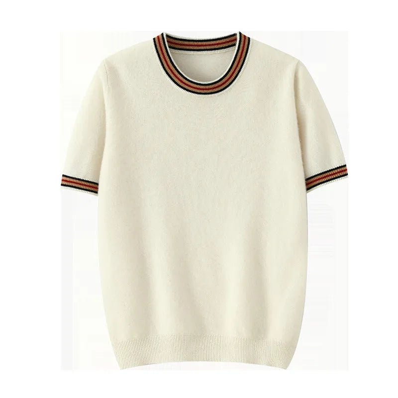 Men's short sleeve pure wool sweater round neck pullover in white gray or black