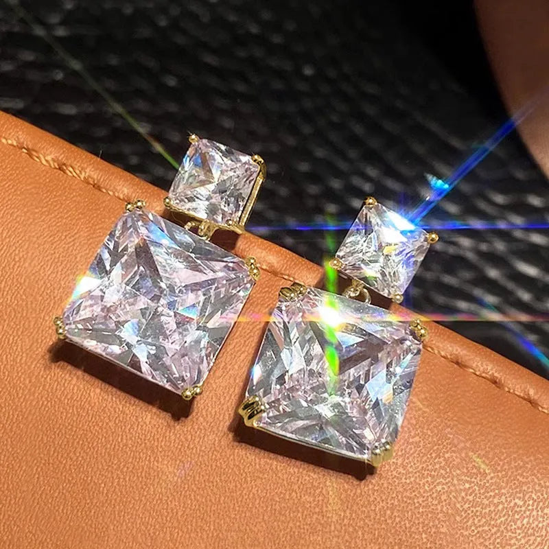 Copper geometric square stud earrings with quadrilateral design in white gold or gold colour finish