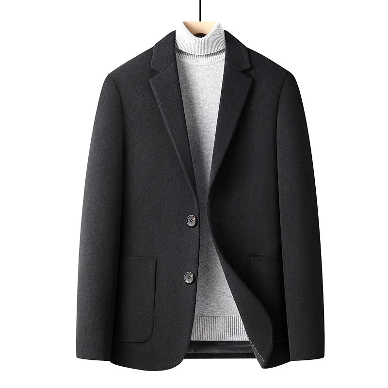 Men's slim fit wool suit jacket in grey, shown on a model, suitable for autumn and winter leisure wear.