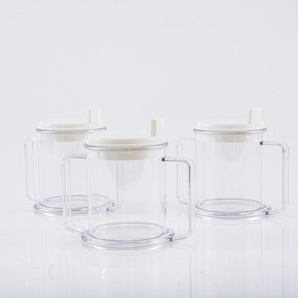 Clear transparent plastic spill-proof drinking cup with modern design.
