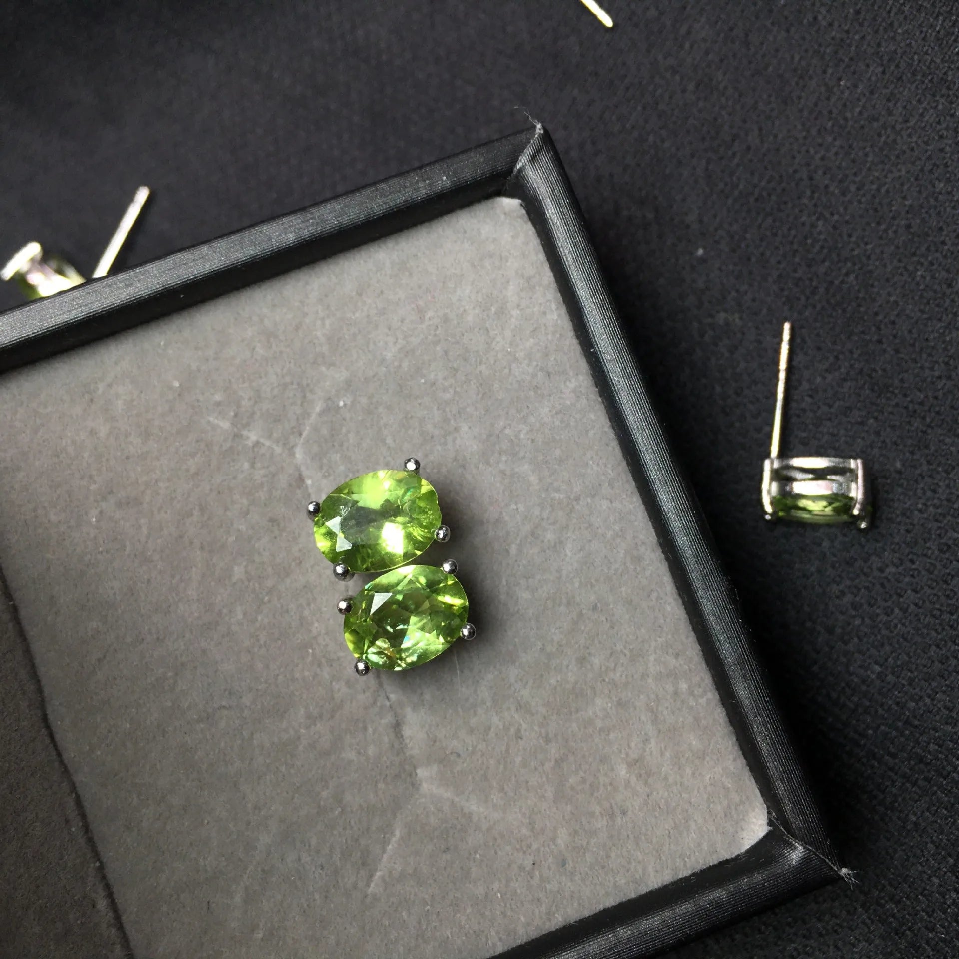 Grass green natural olivine stud earrings with geometric faceting in S925 sterling silver settings