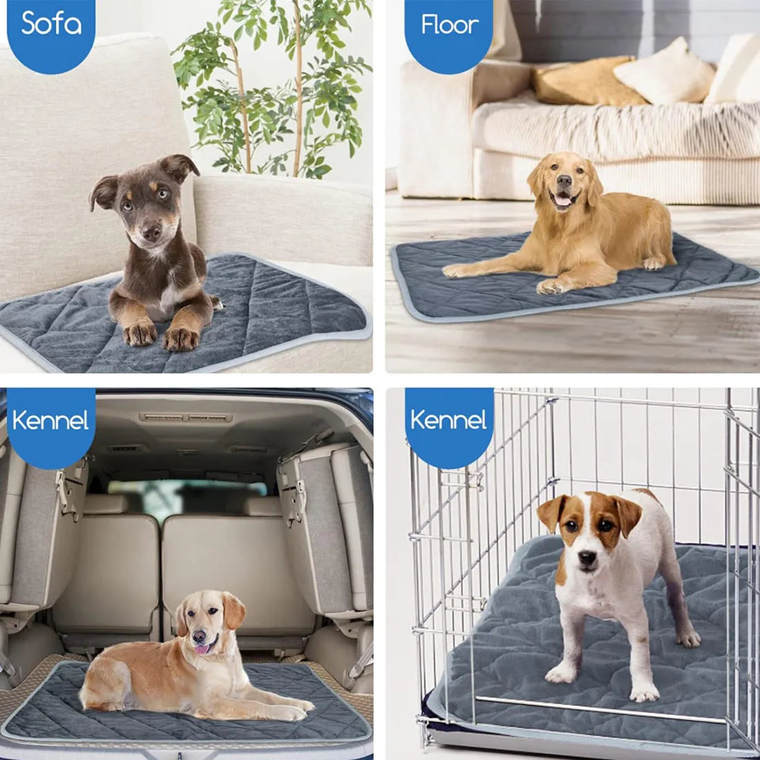 Grey cloth personalised pet cushion shown in a multi-layer design on a wooden floor.