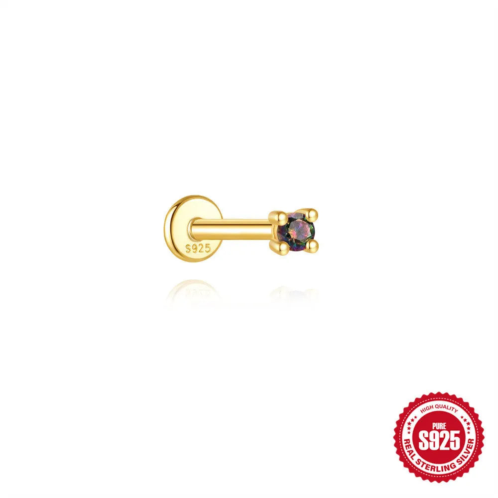 S925 sterling silver pierced earrings with rainbow stone and geometric design in gold colours