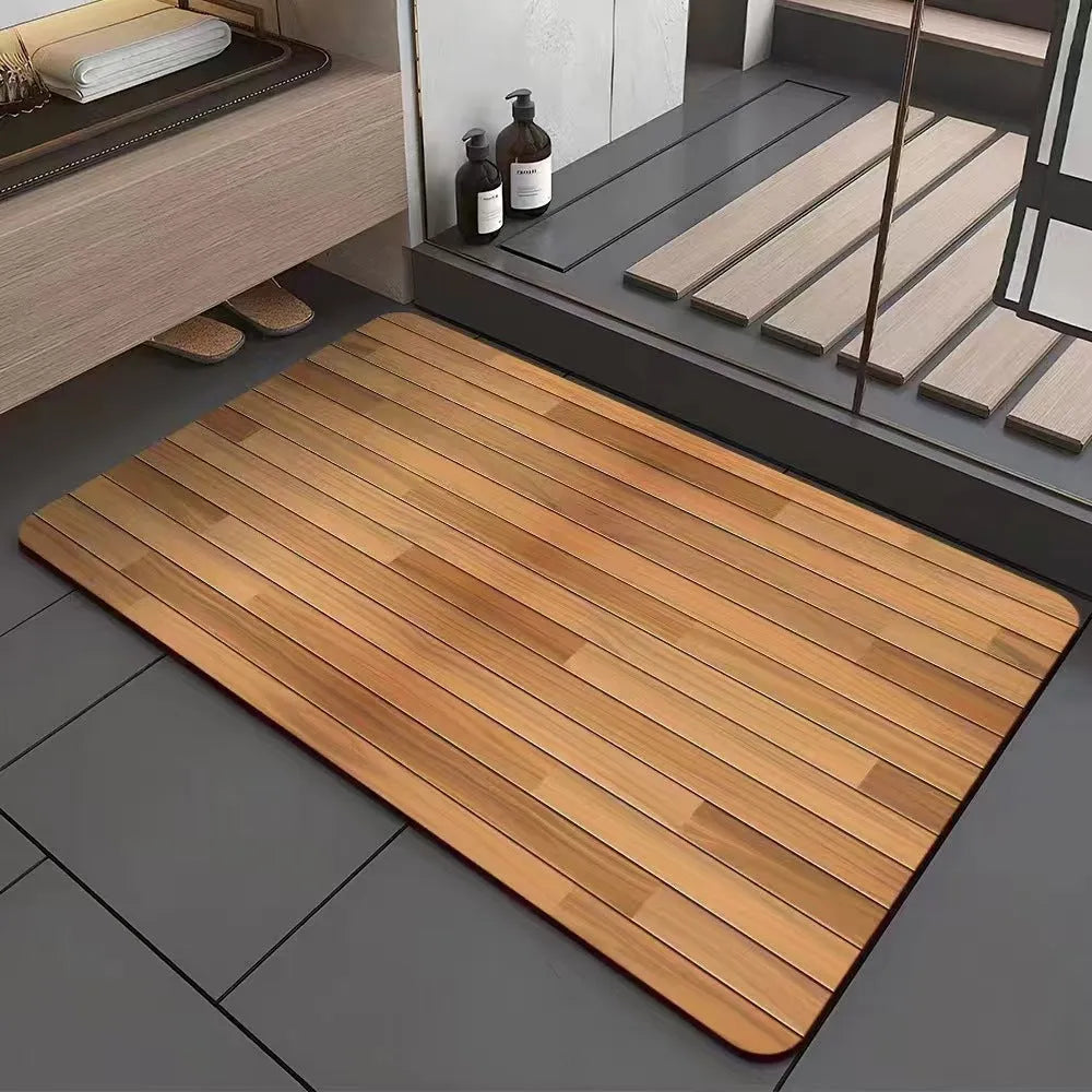 Square diatomaceous earth bathroom floor mat with wood grain pattern on bathroom tiles