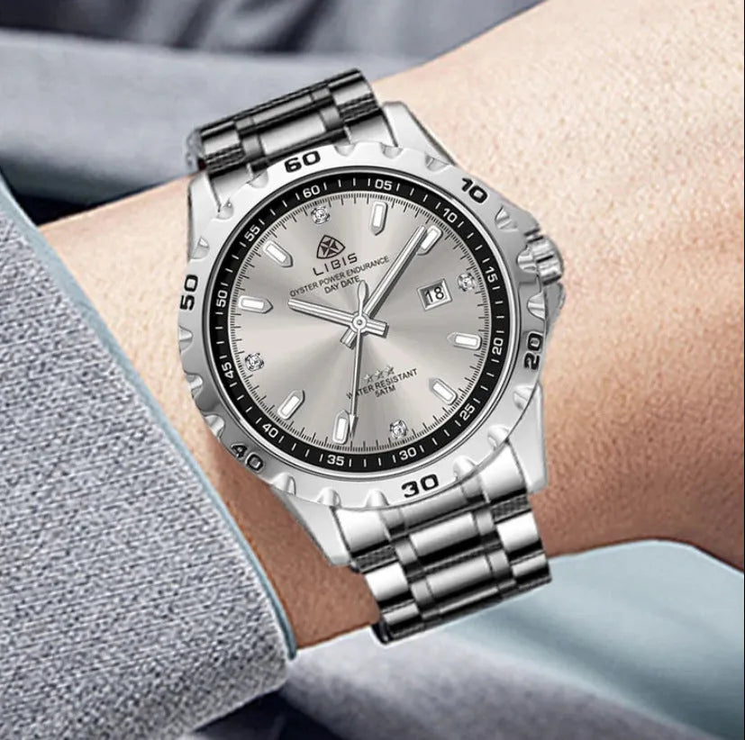 Men's silver business watch with stainless steel strap and sapphire crystal glass
