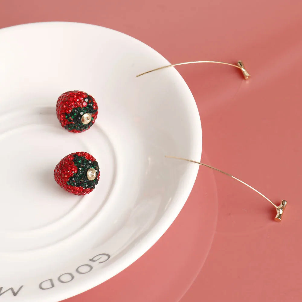 Geometric spot drill strawberry earrings in red zinc alloy for pierced ears