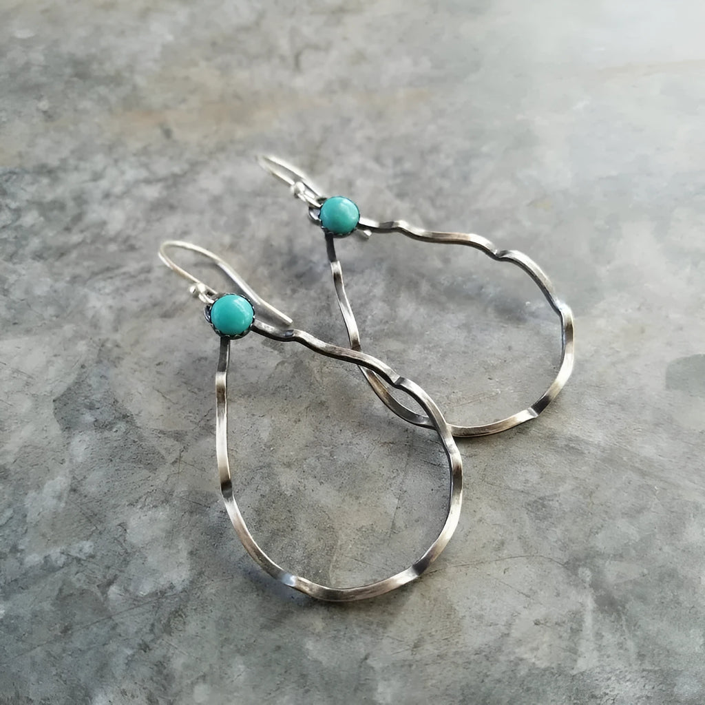 Vintage bohemian turquoise circle earrings in antique silver geometric design