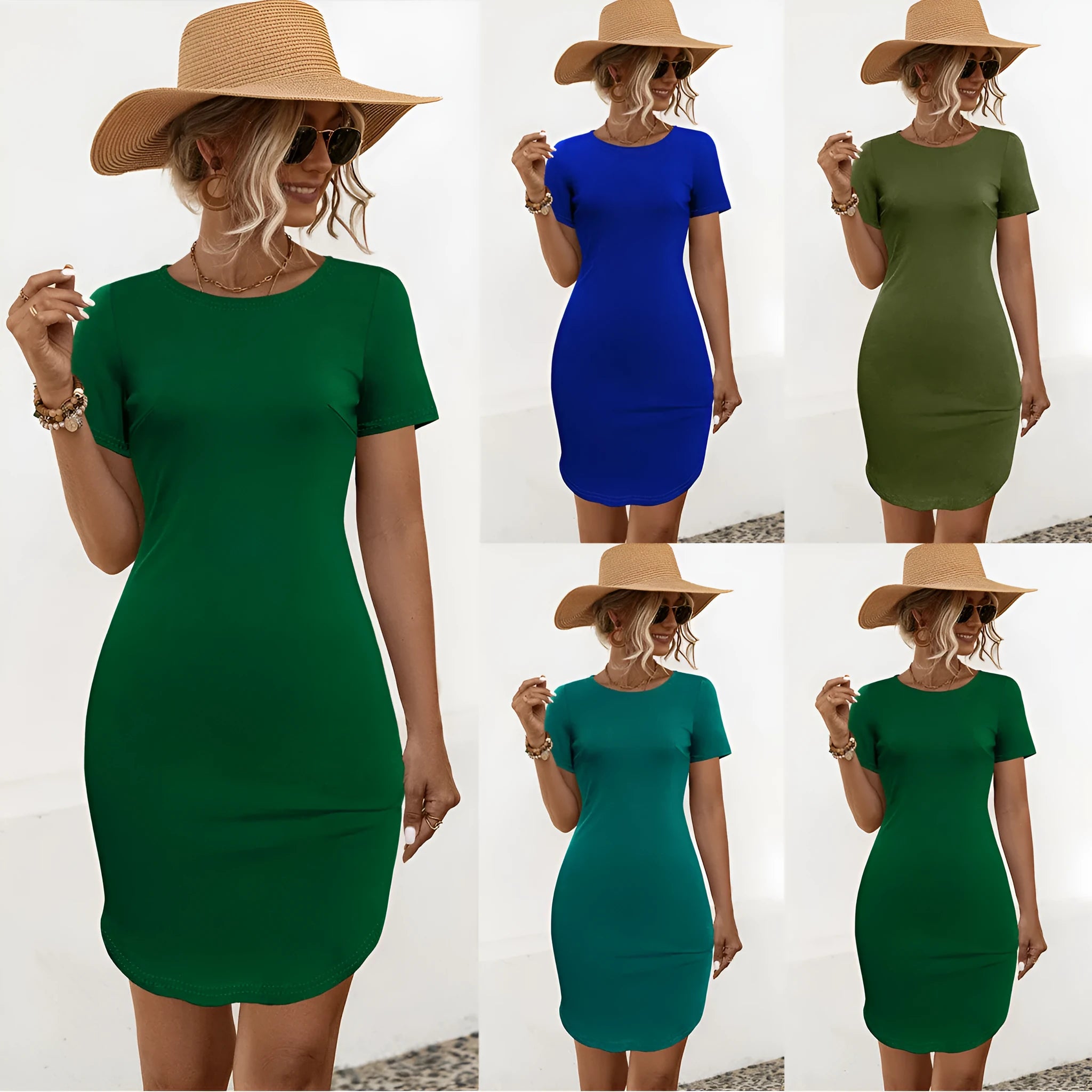 Women's slim fit short sleeve dress with a U-shaped split, in a solid dark green cotton blend fabric.