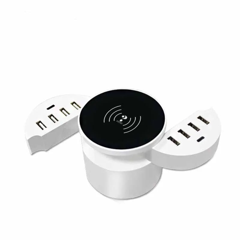 Ceramic white circular multi-port wireless charger with international plug adapters