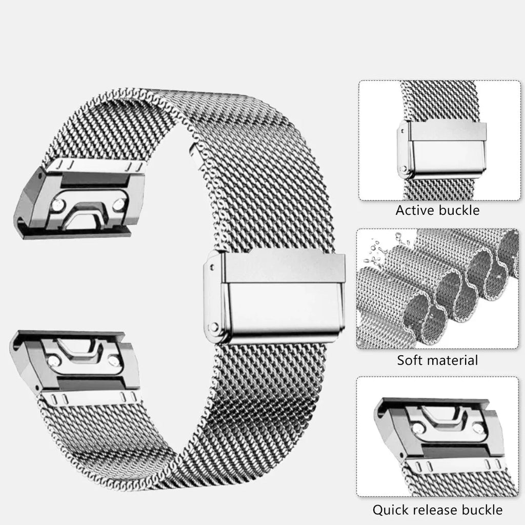 Silver stainless steel replacement strap for Garmin Fenix watch with quick-release pins.