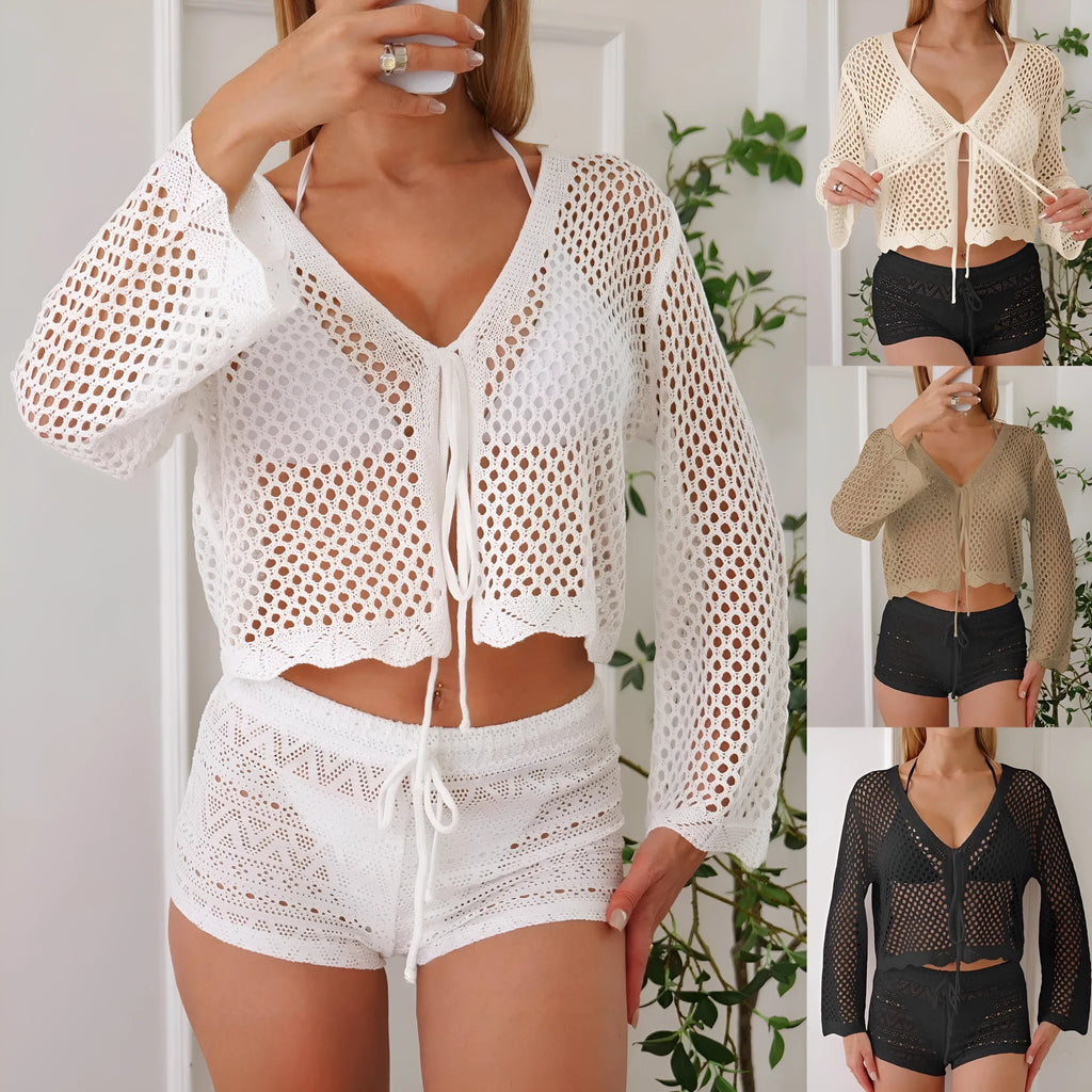 Women's hollow woven cardigan blouse with bell sleeves in imitation cotton fabric