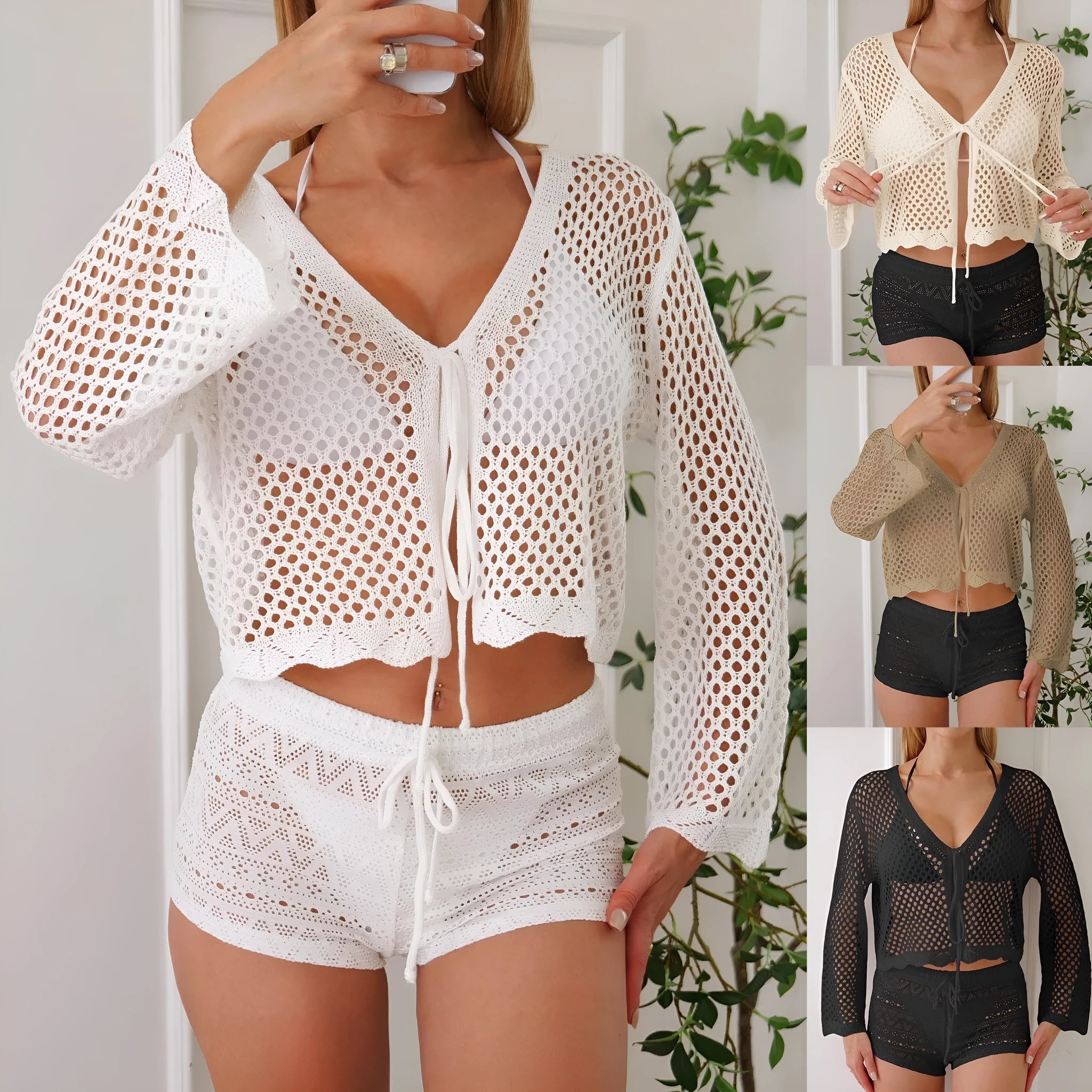 Women's hollow woven cardigan blouse with bell sleeves in imitation cotton fabric