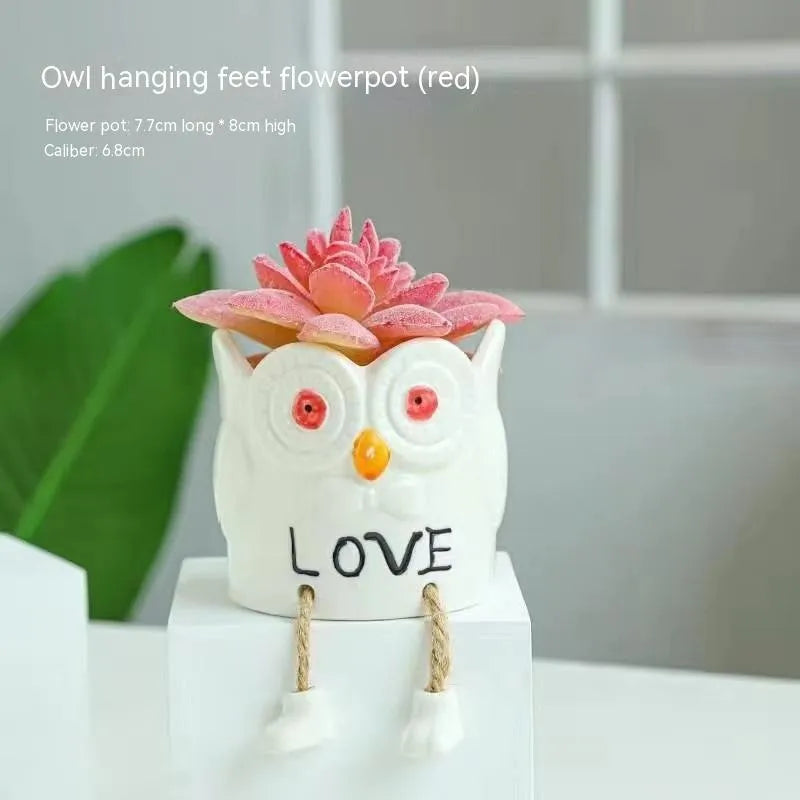 Ceramic hanging foot flowerpot in cartoon style for succulent plants on desktop