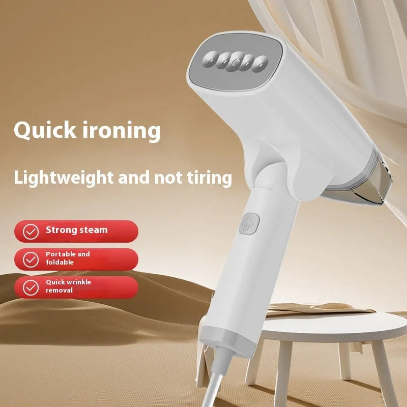 Handheld garment steamer in white or blue with compact design and water tank