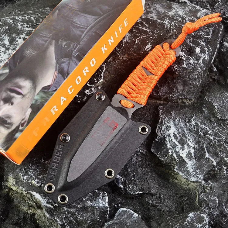 Outdoor camping rope knife with 80mm 5Cr15 steel blade, binding rope handle, and ABS sheath