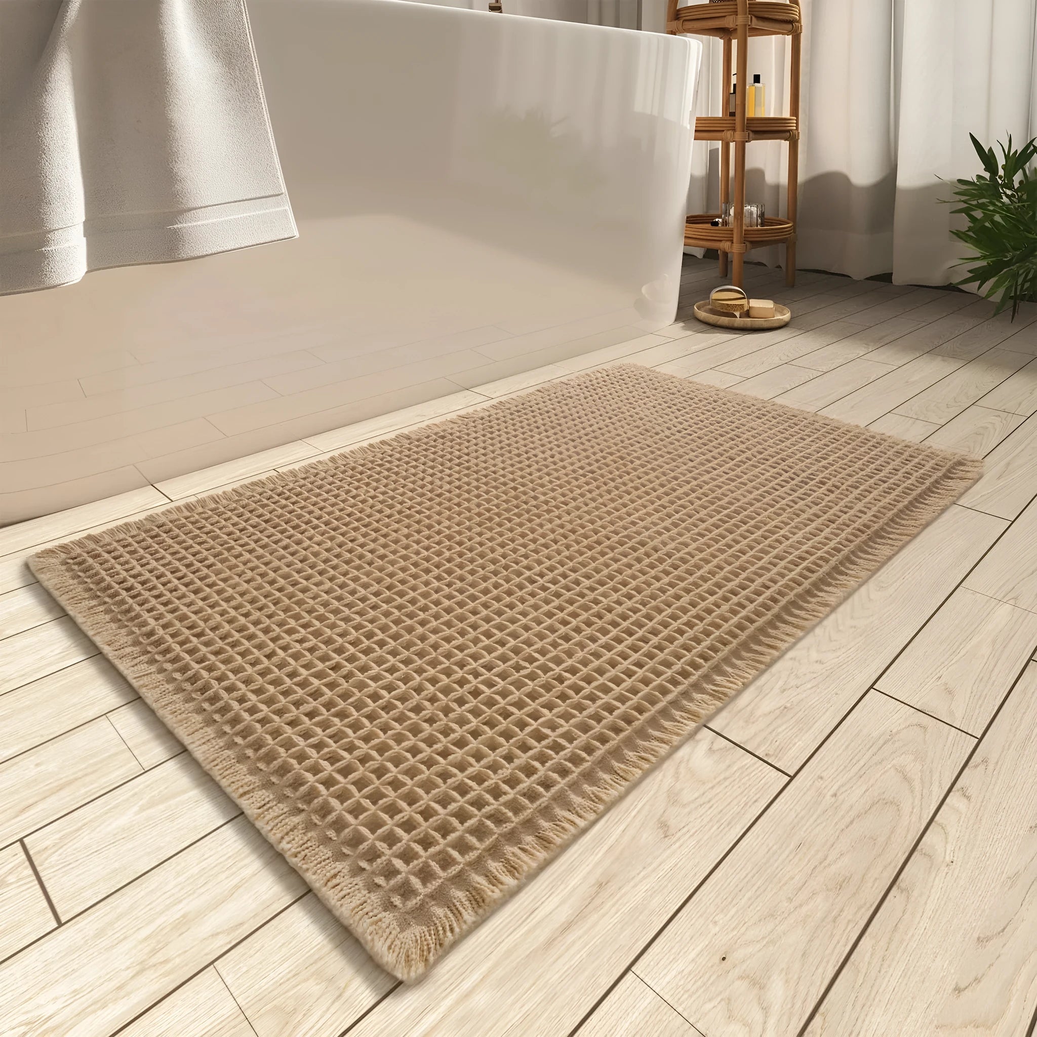 Checkered pattern non-slip absorbent bathroom carpet on a tiled floor.