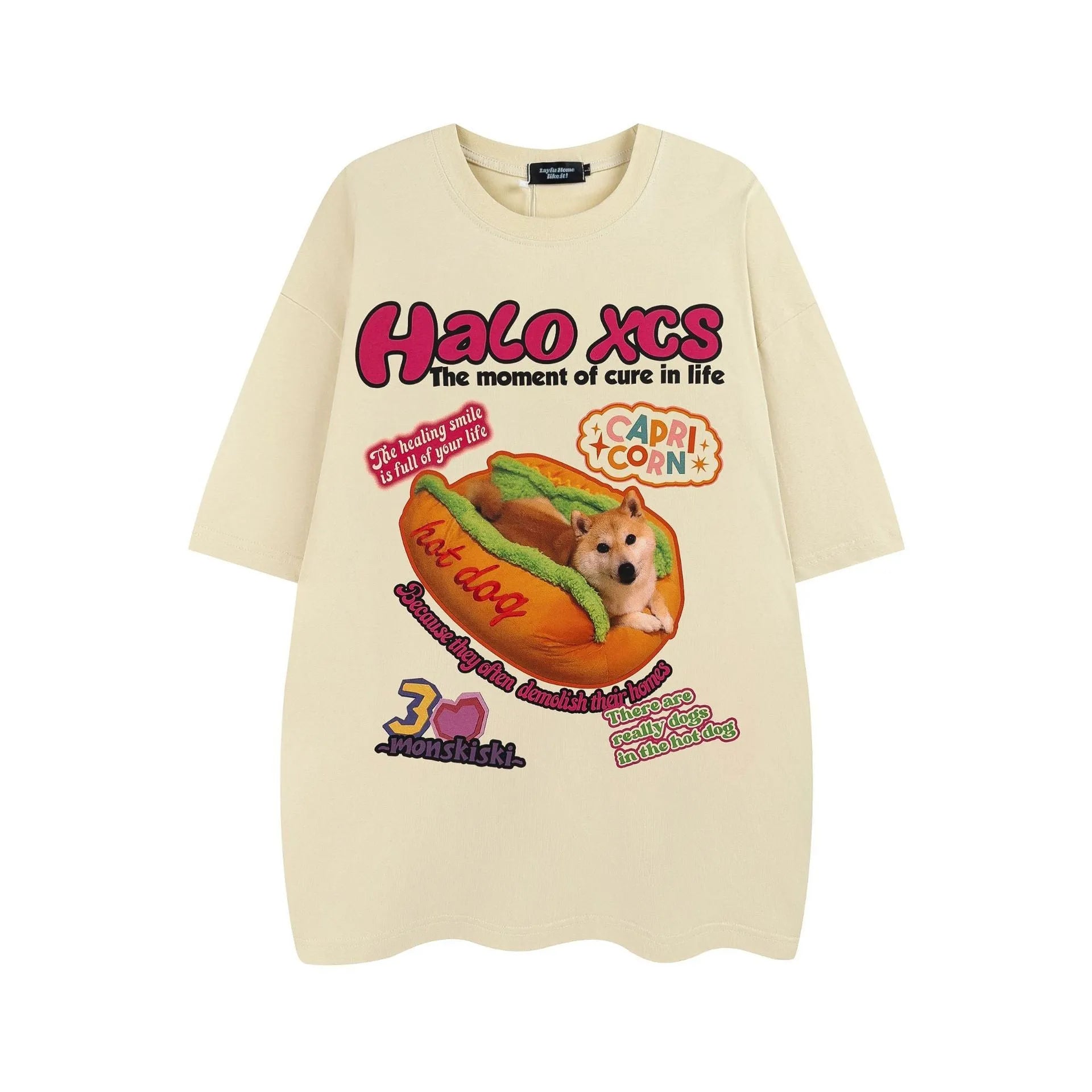 Cartoon hamburger dog printed cotton T-shirt in loose fit, shown in white colour.