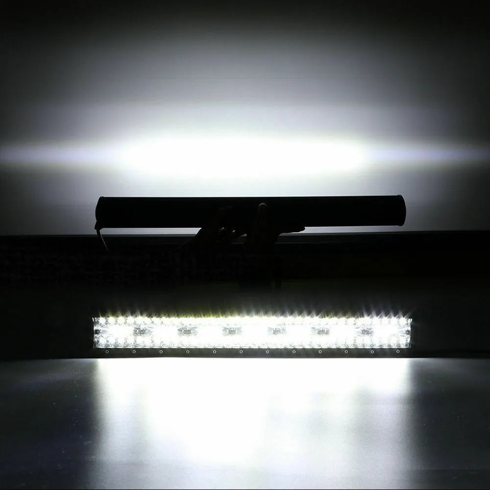 Three-row automotive LED strip work light in aluminium housing with mounting bracket, 6500K output