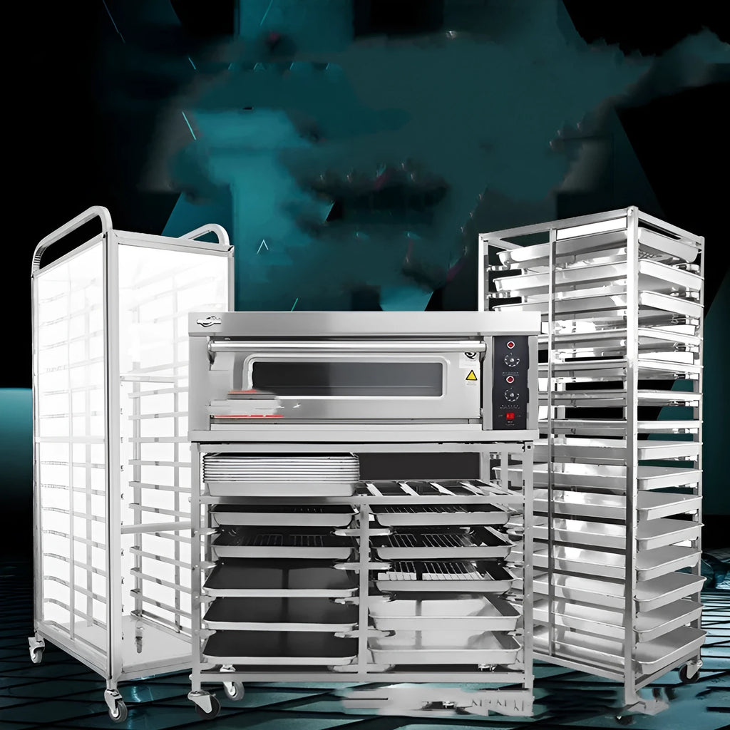 Stainless steel six-layer baking tray rack with locking mechanism for 40cm by 60cm sheets.