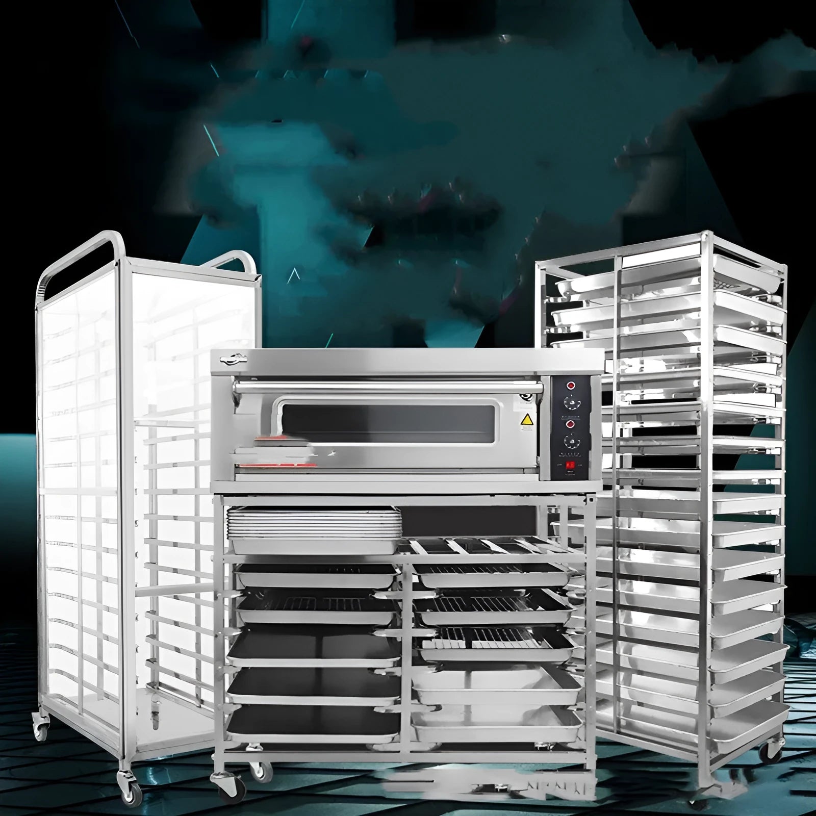 Stainless steel six-layer baking tray rack with locking mechanism for 40cm by 60cm sheets.
