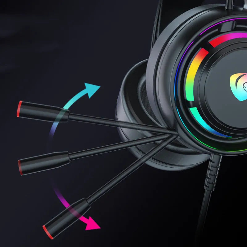 Black wired over-ear gaming headphones with microphone and long cable, shown with 3.5mm plug and USB version options.