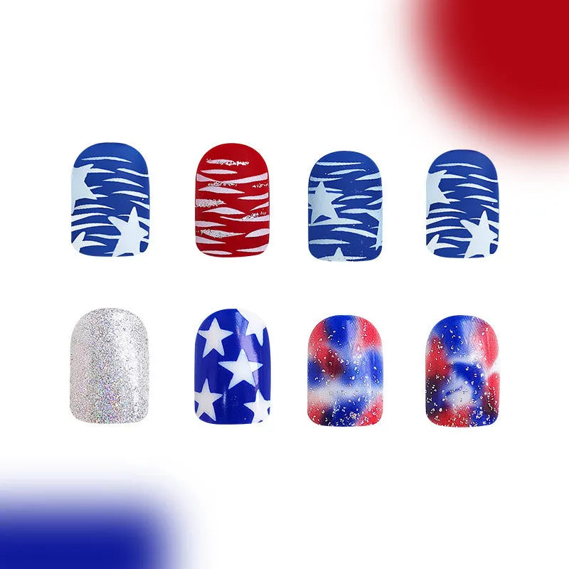 Red and blue multicolour glitter nail art tip stickers in a 4-pack for Independence Day designs.