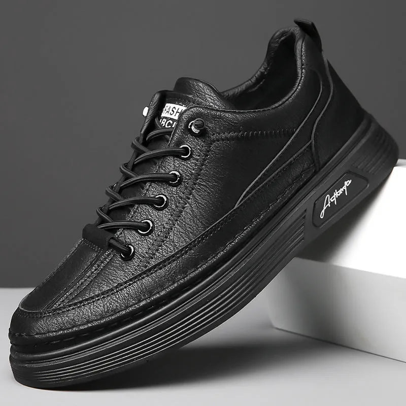Men's British style casual shoes in black, gray, or khaki with PU upper, rubber sole, and elastic band slip-on design