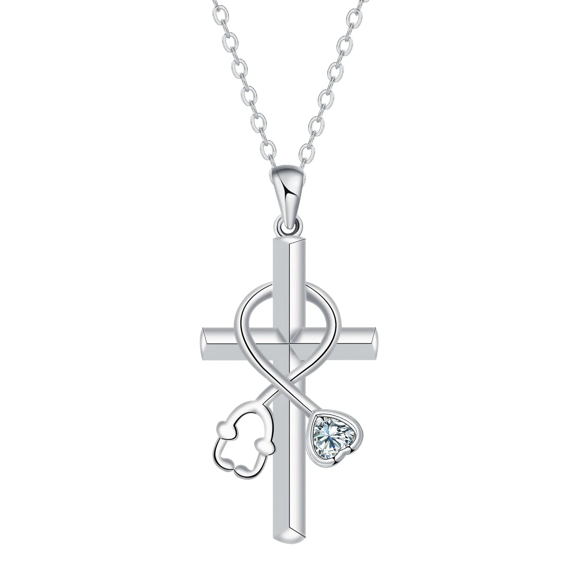 Copper cross stethoscope pendant necklace on a cross chain with electroplated finish.