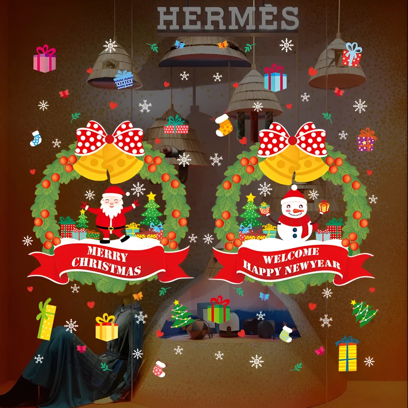 Non-adhesive electrostatic Christmas wall sticker with colourful cartoon pattern, 60×45cm PVC decoration