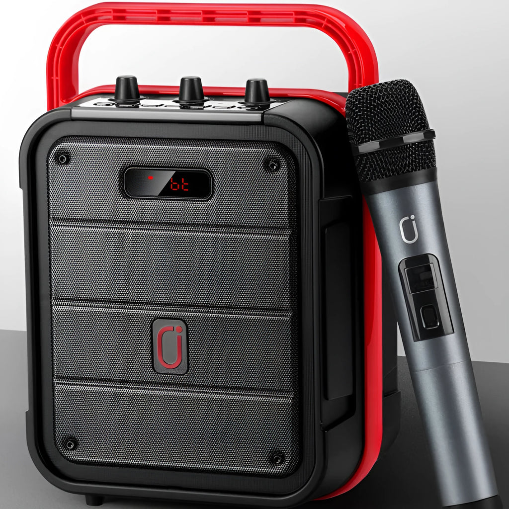 MS62AI portable Bluetooth speaker with wireless microphone, remote control, and strap