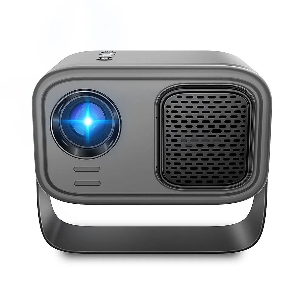 Black portable smart projector with Android system, remote control, and power cables
