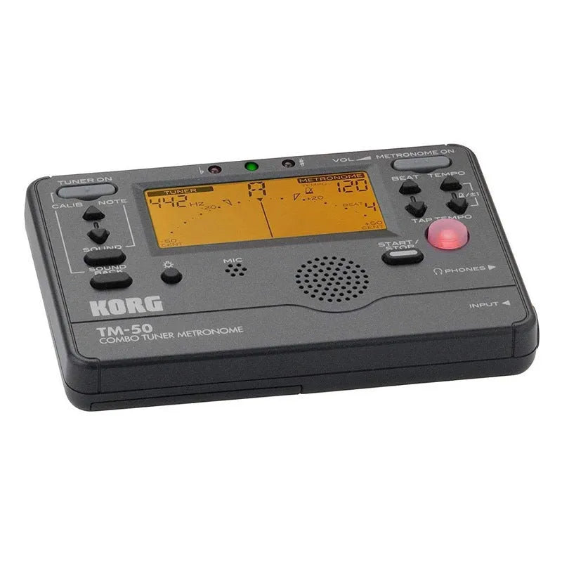 Black and silver digital metronome tuner with plastic shell and TAP TEMPO button for piano and guitar practice