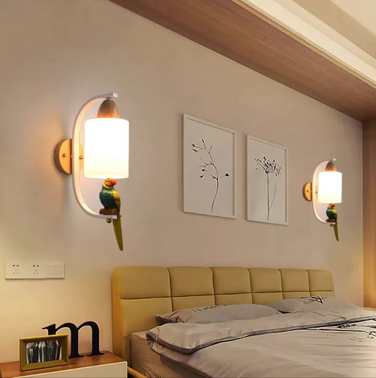 Bird wall lamp with iron and wood body, glass shade, spray-painted finish, 42x21x12cm