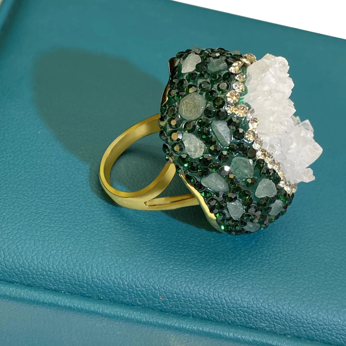 Dark green crystal bud open ring for women with copper band, geometric shape, electroplated finish, and diamond inlay.