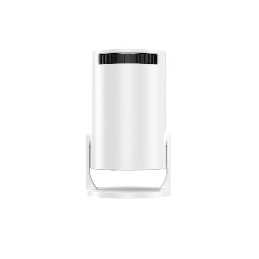 White mini wireless portable HD projector with power plugs for EU, UK and US regions.