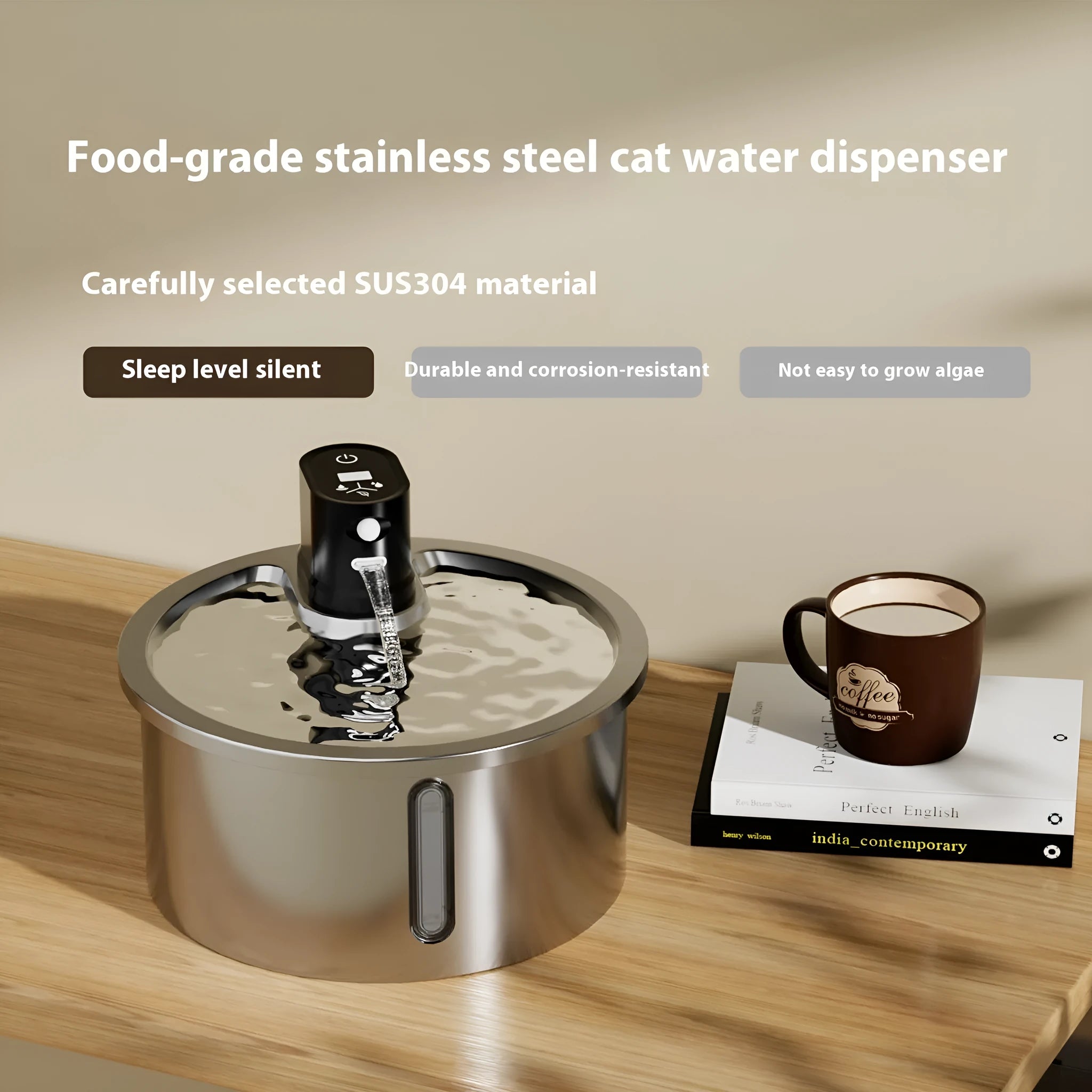 Stainless steel pet water fountain with constant temperature heating base
