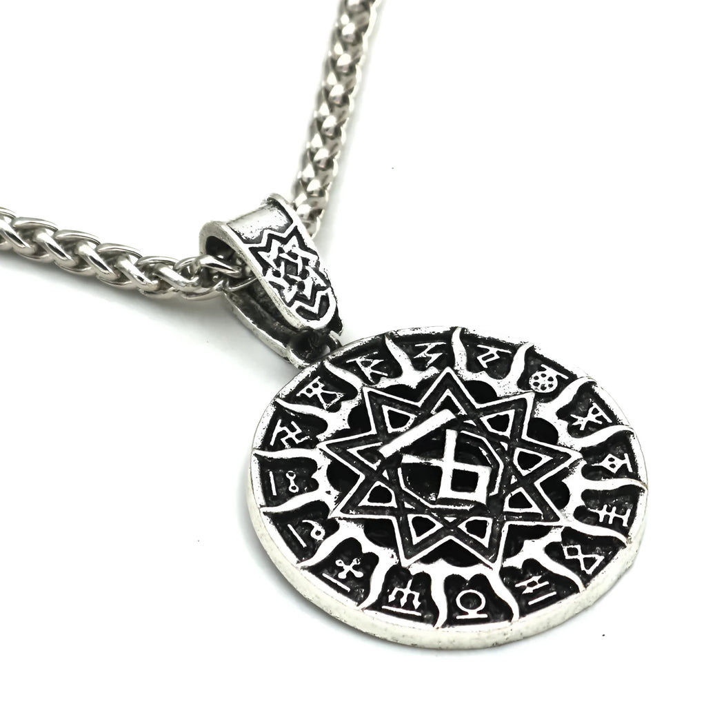 Lunavin ODing logo alloy pendant necklace on a snake bones chain with antique silver finish