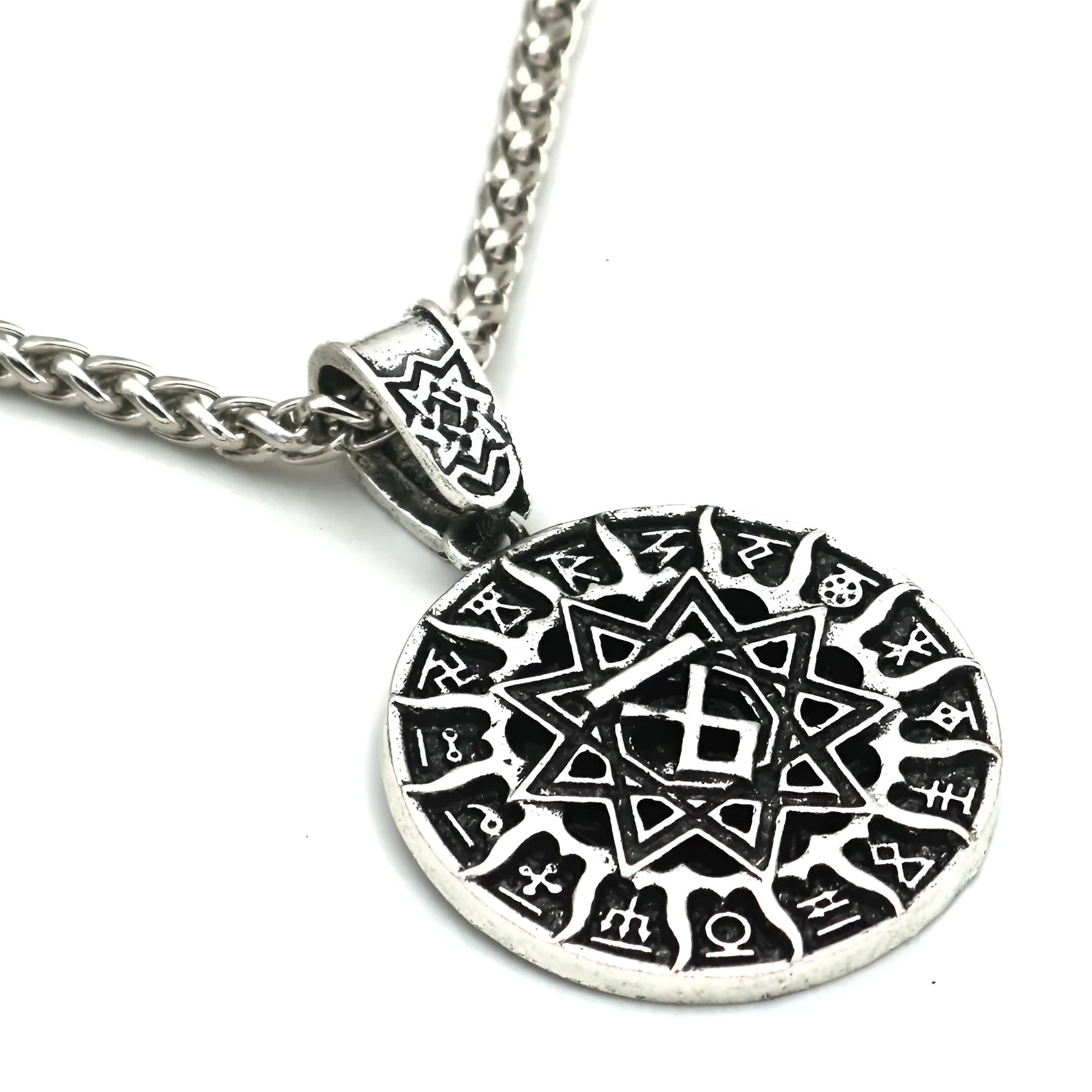 Lunavin ODing logo alloy pendant necklace on a snake bones chain with antique silver finish