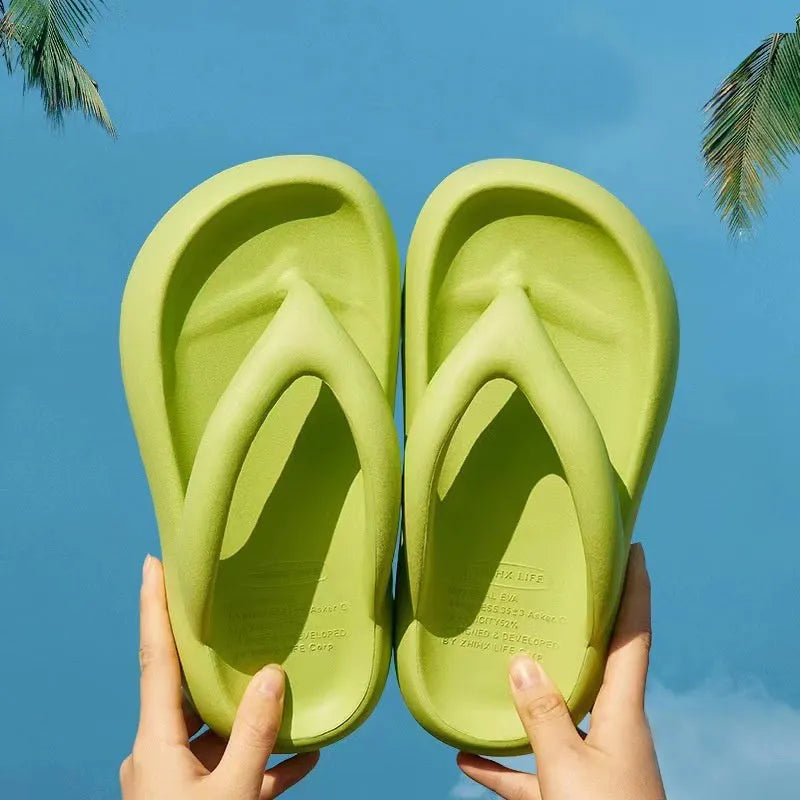 Solid colour thick-soled flip-flops with bow detail in EVA material for summer wear