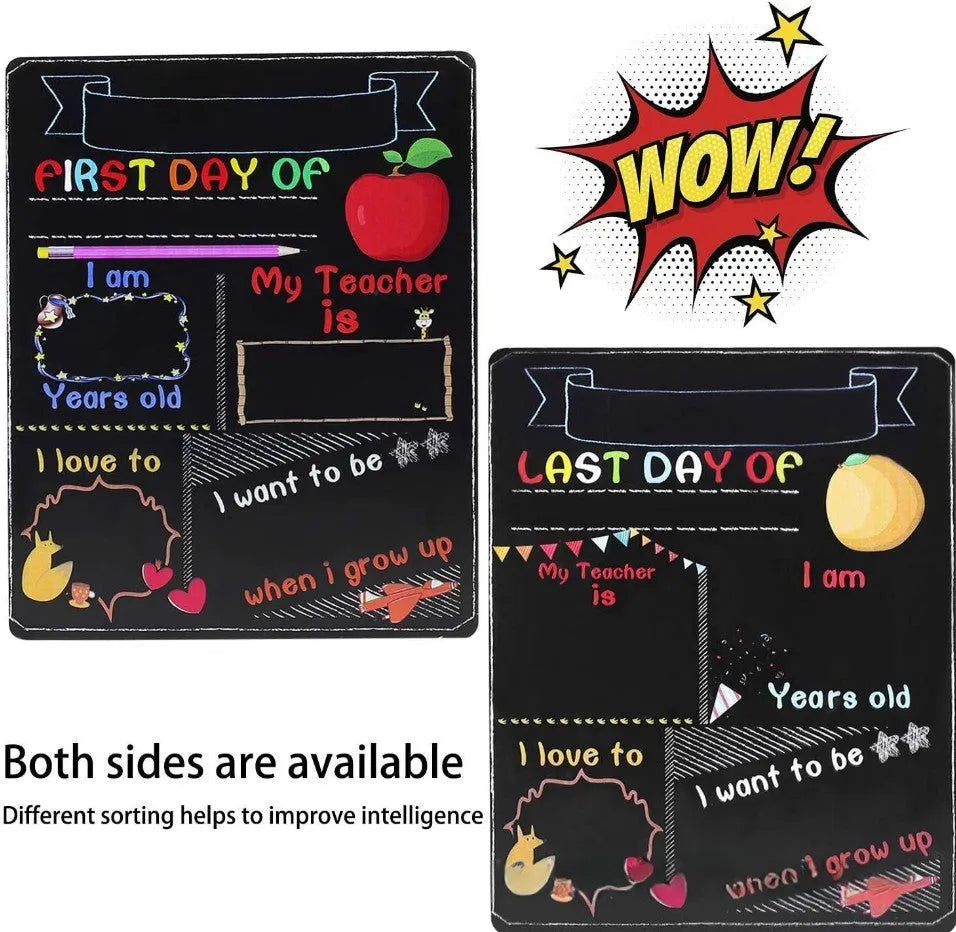 Modern wooden first day of school blackboard sign with dimensions 25.5cm by 30cm.
