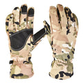 Tactical camouflage ski gloves in army green and black nylon with anti-slip grip and touch screen fingers for winter sports