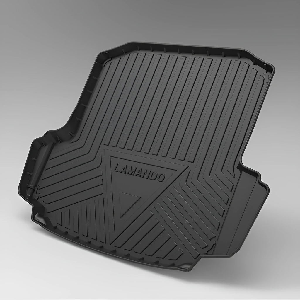 Black TPE car boot protection pad with carbon fibre pattern texture