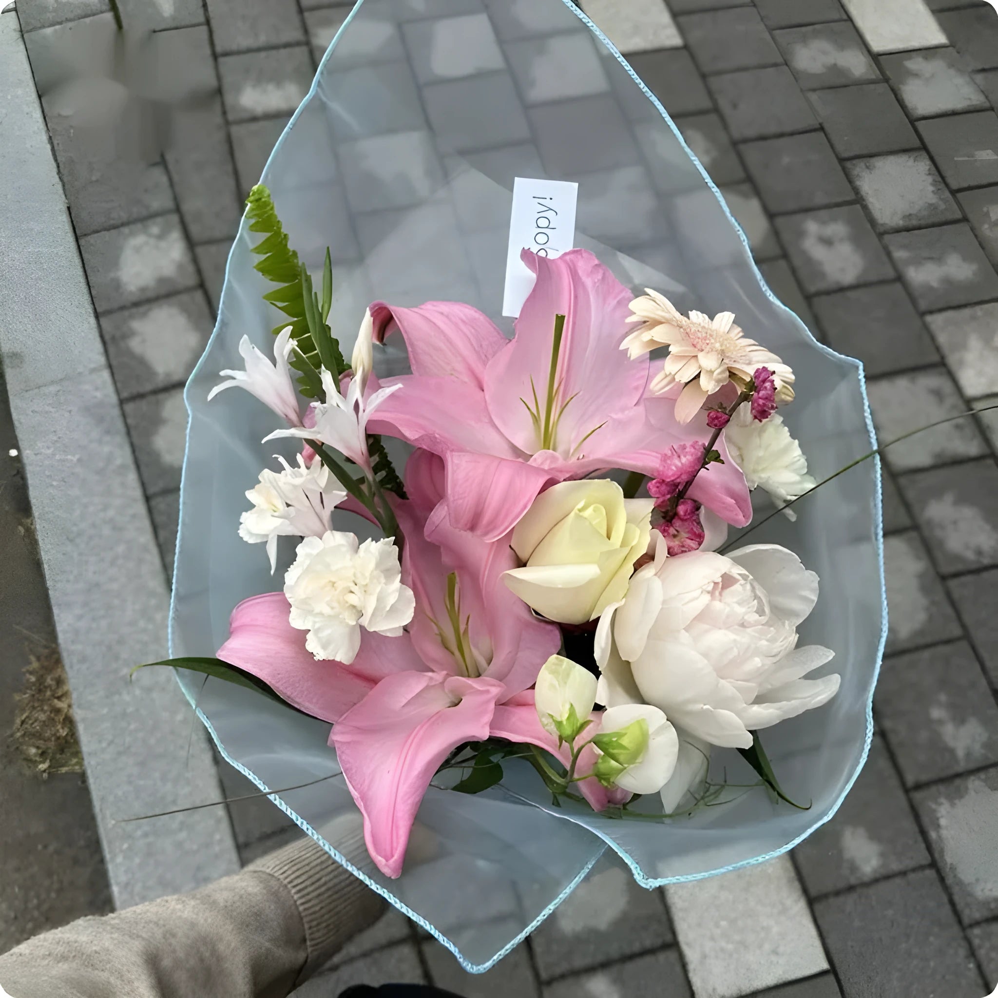 Silk flower bouquet packaging fabric with Arabesquitic pattern showing square dimensions and colour options