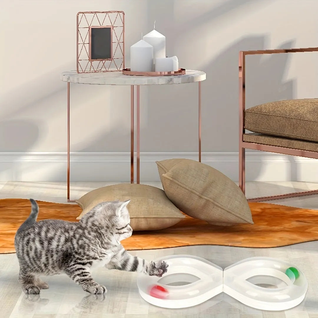 50cm long blue and white cat toy track with turntable, moving balls and teasing sticks for feline entertainment