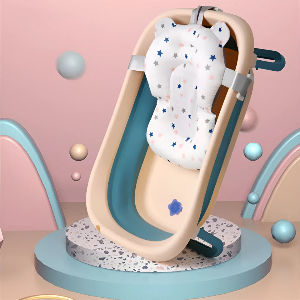 Foldable baby bath support mat with Styrofoam particles, shelf-type bath pad in white star, light blue star, pink bear, green bear or white crown